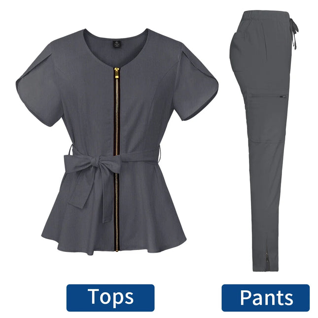 Nurses Uniform Workwear Scrubs Tops+pants Suit Solid Color Nurse Uniform Short Sleeved Pocket Blouse Pharmacy Dentistry Workwear-KarWorkwear