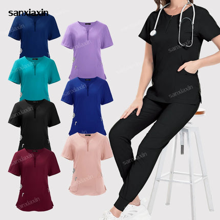 Short Sleeve Scrubs Set Surgical Clothes Nurse Nursing Uniforms Women V-neck Pocket Workwear Dentist Medical Uniforms Tops Pants-KarWorkwear