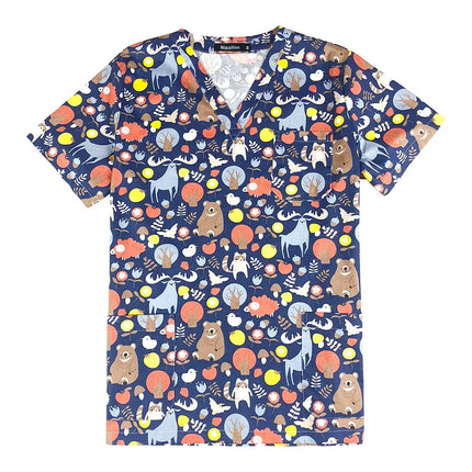 Niaahinn Gray Owl Printing Spa Uniform Women Beauty and Health Scrub Tops Beauty Salon Work Uniform Beauty Salon Scrubs Workwear-KarWorkwear