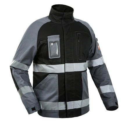 Work Jacket Men Reflective Stripes Black Gray Stitching Coveralls Outdoor CottonMulti-pockets Safety Wear-resistant Workwear