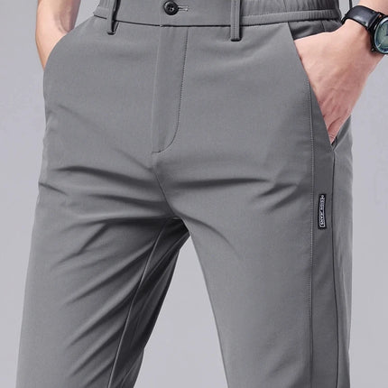Men's casual pants, semi elastic waistband, nylon ice silk elastic straight tube, light gray, business gentleman, summer casual