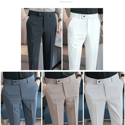 2025 Summer Thin White Elastic Nine Cent Suit Pants for Men,gray Blue Four-side Elastic Comfortable Drape Men's Casual Trousers
