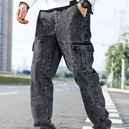 Fashionable men's denim trousers, washed workwear trousers