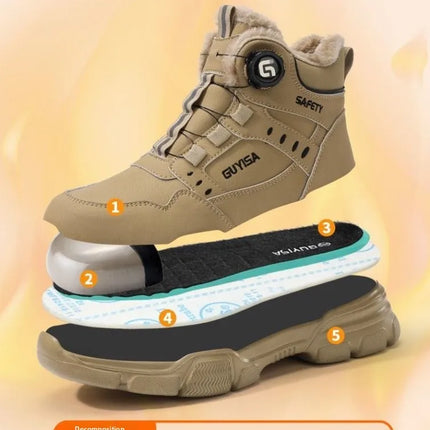 Fleece-lined Work Men's Safety Shoes Winter Steel Toe Rotation Button Thickened Warm Woman Anti-smashing Security Boots Protect