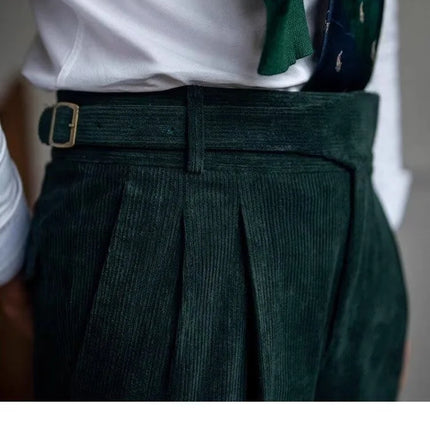 Italian Style Corduroy Naples Suit Pants Men High-waisted Adjustable Belt Straight Trousers Autumn  England Business Casual Pant