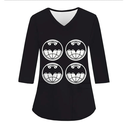 Women Halloween Funny Tee Tops Uniform Woman Prints V-Neck 3/4 Sleeve Pockets Nursing Scrubs Uniform Beauty Salon hospital Clini-KarWorkwear