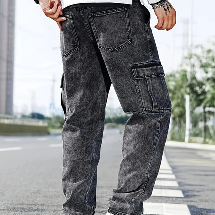 Fashionable men's denim trousers, washed workwear trousers
