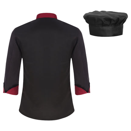 Unisex Mens Womens Chef Jacket Long Sleeve Contrast Color Coat Restaurant Kitchen Cooking Apparel Work Wear Uniform with Hat-KarWorkwear