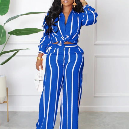 Elegant Work Wear Two Piece Set for Women Matching Sets Striped Print Shirt Top and Wide Leg Pants Office Lady Casual Outfits