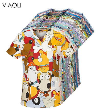 viaoli Cotton Cartoon print spa uniform beauty salon Pet shop uniform Fashion Slim Fit top scrub clothes women scrubs lab coat-KarWorkwear