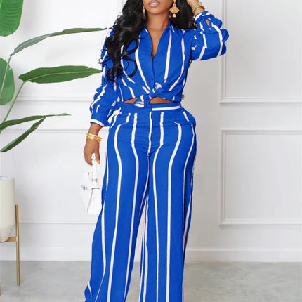 Elegant Work Wear Two Piece Set for Women Matching Sets Striped Print Shirt Top and Wide Leg Pants Office Lady Casual Outfits