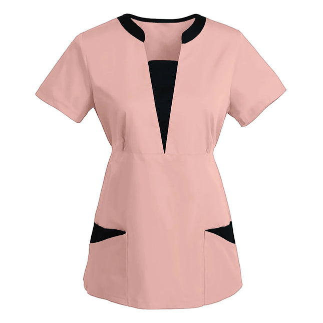 Korean Version SPA Uniforms Women Beauty Salon Scrubs Tops Slim Fit Healthcare Tunic Short Sleeve Patchwork Blouses Wholesale-KarWorkwear