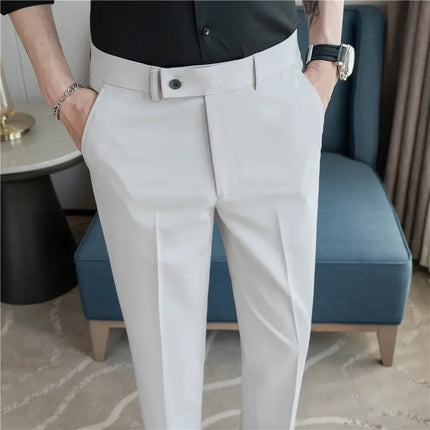 2025 Summer Thin White Elastic Nine Cent Suit Pants for Men,gray Blue Four-side Elastic Comfortable Drape Men's Casual Trousers