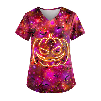 Christmas Medical Scrubs For Women Short Sleeve Pumpkin Face Print with Short Sleeve Pocket V Neck Costumes Wicked Funny Working-KarWorkwear
