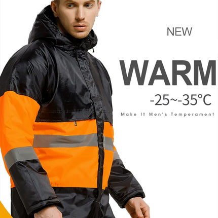 Winter Coveralls Men Waterproof Windproof Reflective Cotton Padded Hooded Coveralls Thicken Thermal Work Uniform Hi Vis Workwear