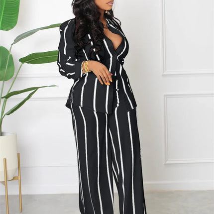 Elegant Work Wear Two Piece Set for Women Matching Sets Striped Print Shirt Top and Wide Leg Pants Office Lady Casual Outfits