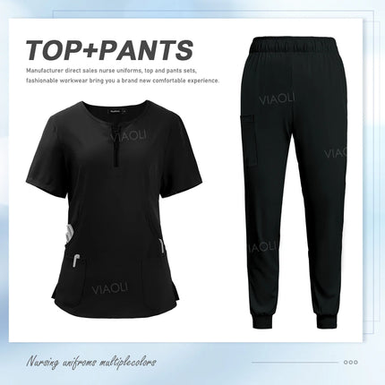 Women Scrub Set Zip-Neck Short Sleeve Scrub Top Pants Sets Nurse Uniforms Medical Nurses Accessories for Hospital Doctor Uniform-KarWorkwear