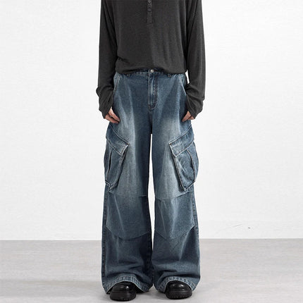 2025 autumn street multi pocket workwear unisex jeans for men and women fashion Y2K trend loose wide leg pants