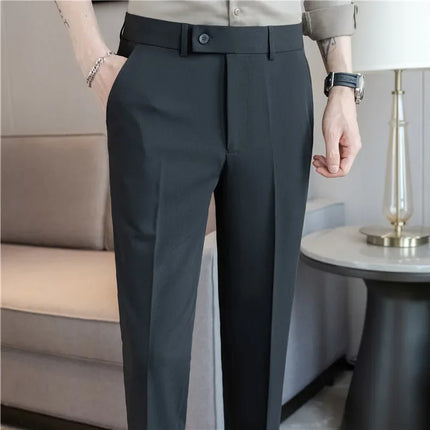 2025 Summer Thin White Elastic Nine Cent Suit Pants for Men,gray Blue Four-side Elastic Comfortable Drape Men's Casual Trousers