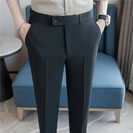 2025 Summer Thin White Elastic Nine Cent Suit Pants for Men,gray Blue Four-side Elastic Comfortable Drape Men's Casual Trousers