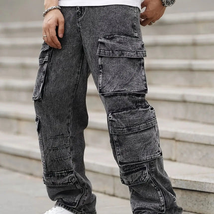 Fashionable men's denim trousers, washed workwear trousers, multi-pocket function for outdoor wear.
