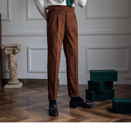 Italian Style Corduroy Naples Suit Pants Men High-waisted Adjustable Belt Straight Trousers Autumn  England Business Casual Pant