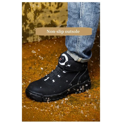 Black Leather Winter Fashion 2023 Rotating Buttons Safety Shoes Men Waterproof Work Boots Men Anti-puncture Protective Footwear-KarWorkwear