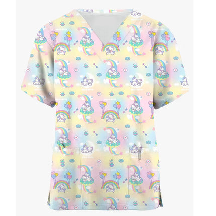 Medical Blouse Clinic Hospital Workwear Healthcare Nurse Coulomi Hello Kitty Print Uniform Carer Working Short Sleeve Tops Women-KarWorkwear