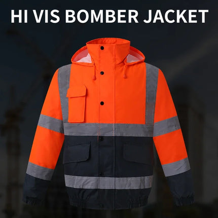 High Visibility Reflective  Jacket Men Waterproof Thickened Safety Coat for Outdoor Work Hi Vis Workwear Bomber Jacket