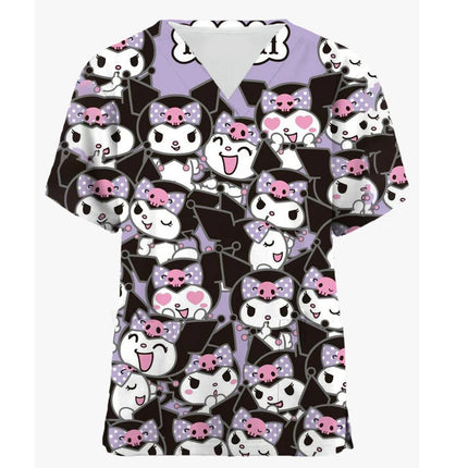 Medical Blouse Clinic Hospital Workwear Healthcare Nurse Coulomi Hello Kitty Print Uniform Carer Working Short Sleeve Tops Women-KarWorkwear