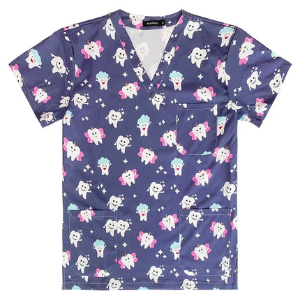 Men's Work Uniform Teeth Print Dentist Comfortable Short Sleeve Scrubs V-Neck Top Clinic Pharmacy Nursing Accessories Blouse New-KarWorkwear