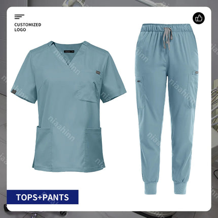 V-neck Nurse Scrubs Workwear Short Sleeve Surgical Nursing Uniforms Women Dental Clinic Scrub Medical Uniforms Customizable Logo-KarWorkwear