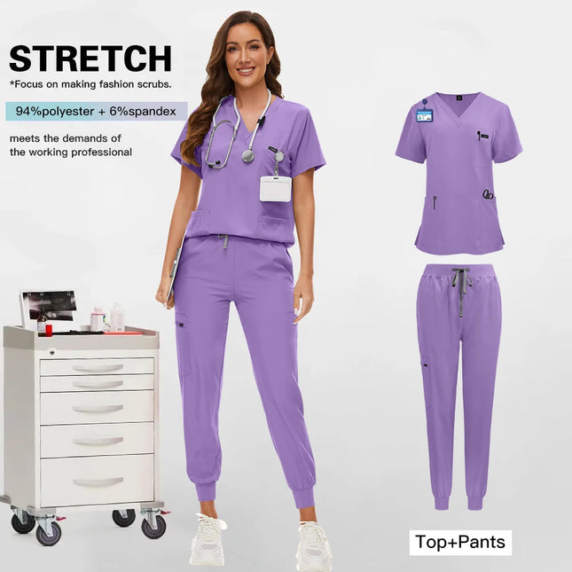 Men's and Women's Workwear Solid Color V-neck Work Uniforms Hospital Scrubs Medical Uniforms Doctor Nurse Work Clothes Top Pants