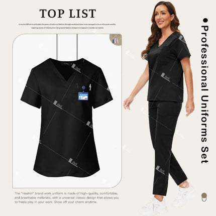 New Scrubs Set Medical Doctor Uniforms Stretch Scrub Top With Pocket Straight Pants Nurse Uniforms Beauty Salon Lab Workwear-KarWorkwear