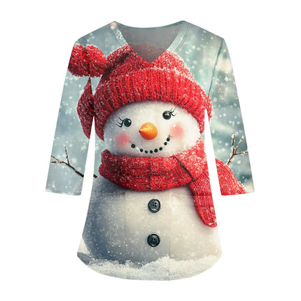 2025 Christmas Women's Scrubs Top With Fun Christmas Print 3/4 Sleeves, V-Neck Pocket, Elastic Fabric, Beauty Salon Spa Hospital-KarWorkwear