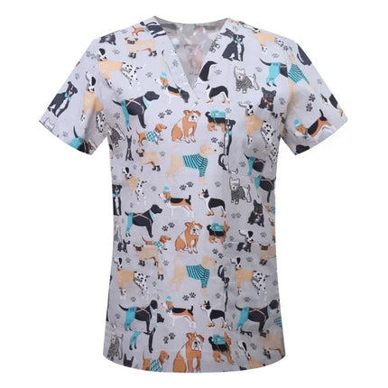 Pet Clinic Vet Work Uniforms Women Nurse Accessories Animal Printed Hospital Doctor Nursing T-Shirt Medical Scrubs Clothes Tops-KarWorkwear