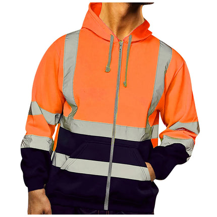 Men Reflective Stripe Hoodie Sweatshirt Long Sleeve Fitting Zipper Hooded Pullover Sanitation Workers Work Clothes Sweatshirt