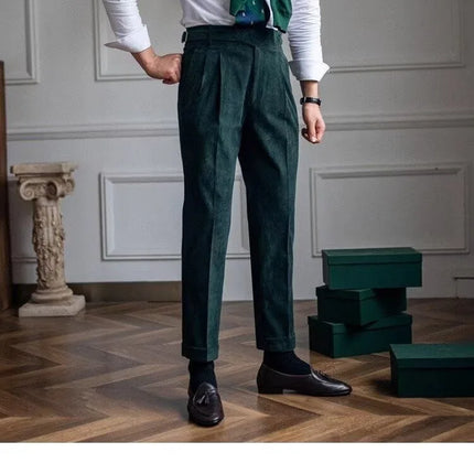 Italian Style Corduroy Naples Suit Pants Men High-waisted Adjustable Belt Straight Trousers Autumn  England Business Casual Pant