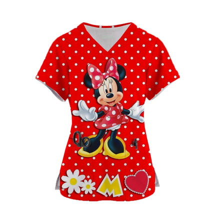 2024 Women's Doctor Nurse Uniform Mickey Mouse 3d Print Pocket V-Neck Nursing Scrubs Tops Workwear Tshirt Overalls Uniforms-KarWorkwear