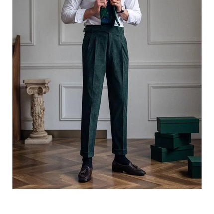 Italian Style Corduroy Naples Suit Pants Men High-waisted Adjustable Belt Straight Trousers Autumn  England Business Casual Pant