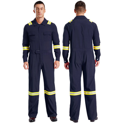 Mens Coveralls High Visibility Reflective Stripes Overalls Turn-Down Collar Long Sleeves Zipper Jumpsuits Work Mechanic Uniform