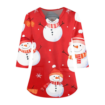 2025 Christmas Women's Scrubs Top With Fun Christmas Print 3/4 Sleeves, V-Neck Pocket, Elastic Fabric, Beauty Salon Spa Hospital-KarWorkwear