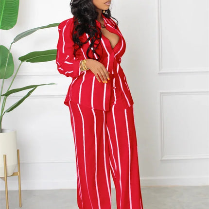 Elegant Work Wear Two Piece Set for Women Matching Sets Striped Print Shirt Top and Wide Leg Pants Office Lady Casual Outfits