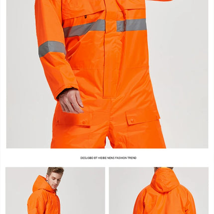 Winter Coveralls Men Waterproof Windproof Reflective Cotton Padded Hooded Coveralls Thicken Thermal Work Uniform Hi Vis Workwear