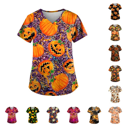 Christmas Medical Scrubs For Women Short Sleeve Pumpkin Face Print with Short Sleeve Pocket V Neck Costumes Wicked Funny Working-KarWorkwear