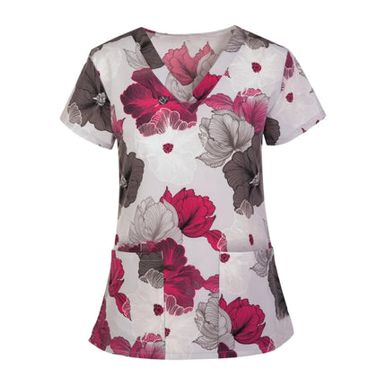Print Scrubs Top Women with Pockets V-Neck Scrub Uniforms Pet Grooming Nurse Spa Caring Shirt uniformes de enfermería para mujer-KarWorkwear