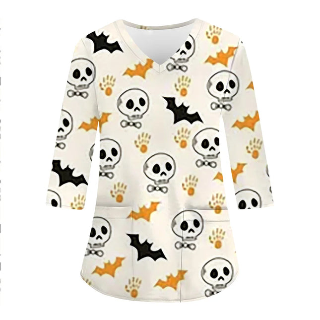 Women Halloween Funny Tee Tops Uniform Woman Prints V-Neck 3/4 Sleeve Pockets Nursing Scrubs Uniform Beauty Salon hospital Clini-KarWorkwear