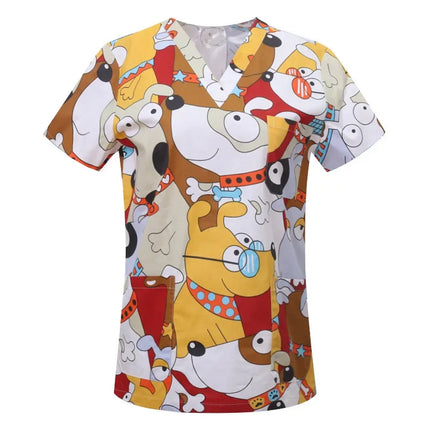 Pet Clinic Vet Work Uniforms Women Nurse Accessories Animal Printed Hospital Doctor Nursing T-Shirt Medical Scrubs Clothes Tops-KarWorkwear
