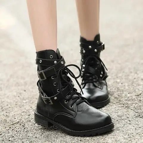 Ladies Boots Elegant with Low Heels Footwear Biker Shoes for Women Mid Calf Black Work Half High Gothic Boot Goth Gyaru Y2k Hot-KarWorkwear