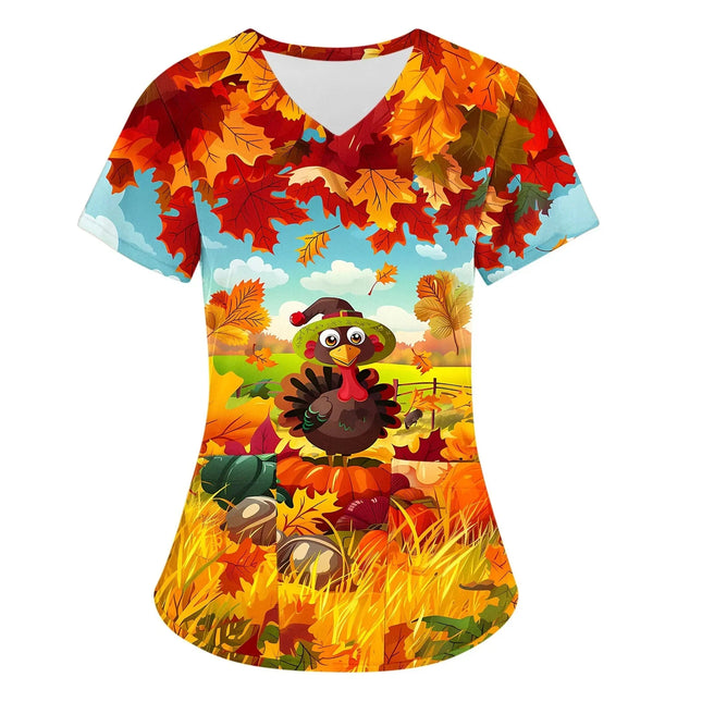 Women Nurse Uniform Christmas Thanksgiving 3d Print V-Neck Pocket Medical Uniforms Cartoon Nursing Scrubs Short Sleeve Pocket Lo-KarWorkwear